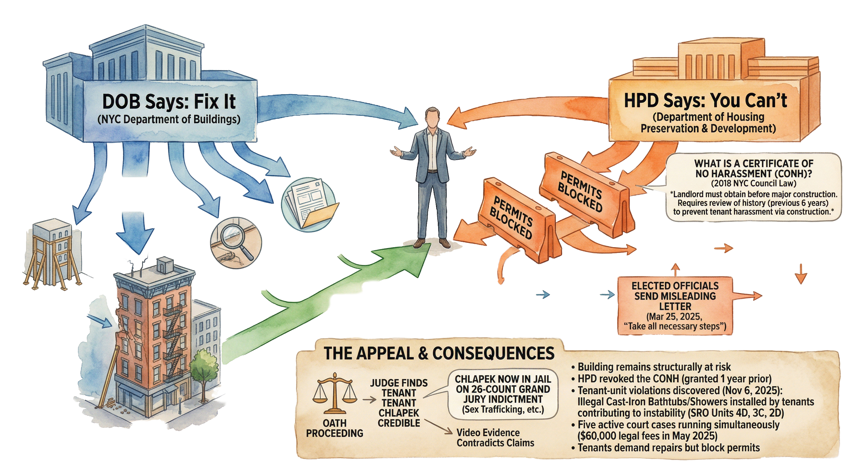 Illustrated diagram of the regulatory conflict at 109 East 9th Street: the Department of Buildings orders structural repairs while HPD's suspension of the Certificate of No Harassment blocks the permits to perform them