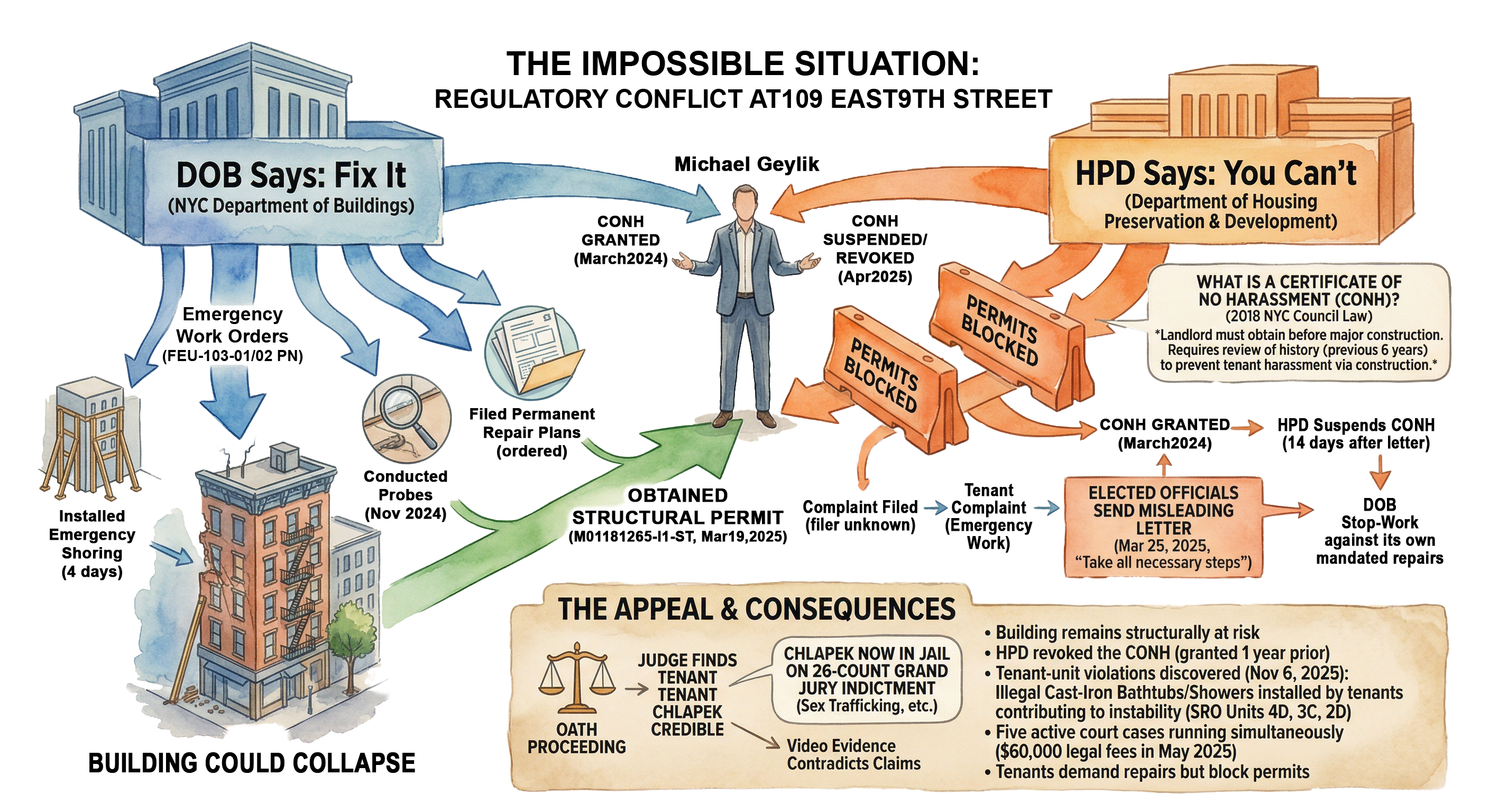 Illustrated diagram of the regulatory conflict at 109 East 9th Street: the Department of Buildings orders structural repairs while HPD's suspension of the Certificate of No Harassment blocks the permits to perform them